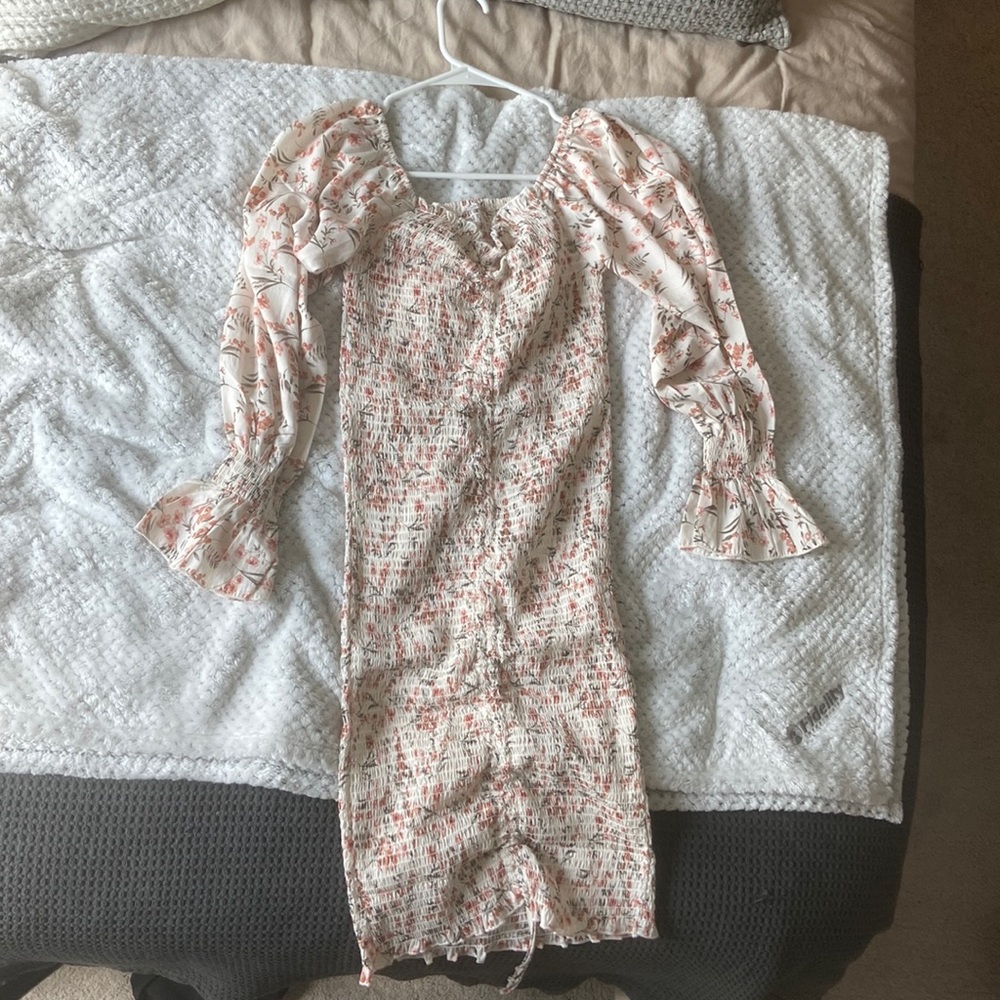 White Pink Floral Long-Sleeved Dress